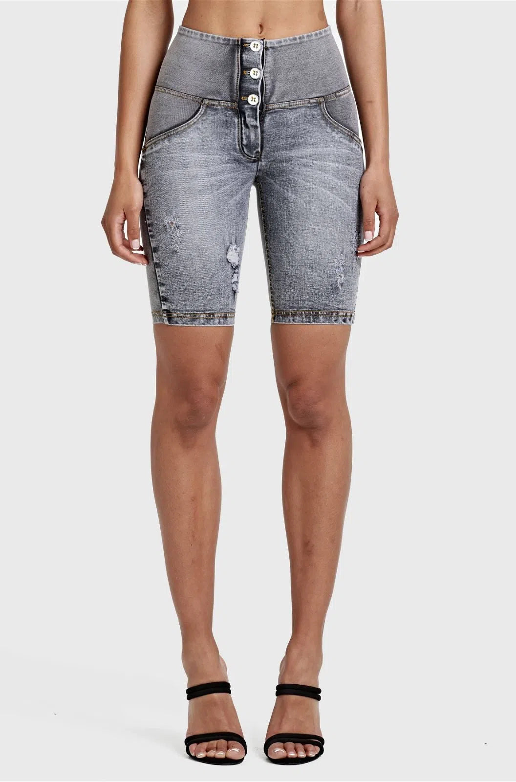 WRUP Distressed Denim - High Waisted - Biker Shorts - Grey + Yellow Stitching