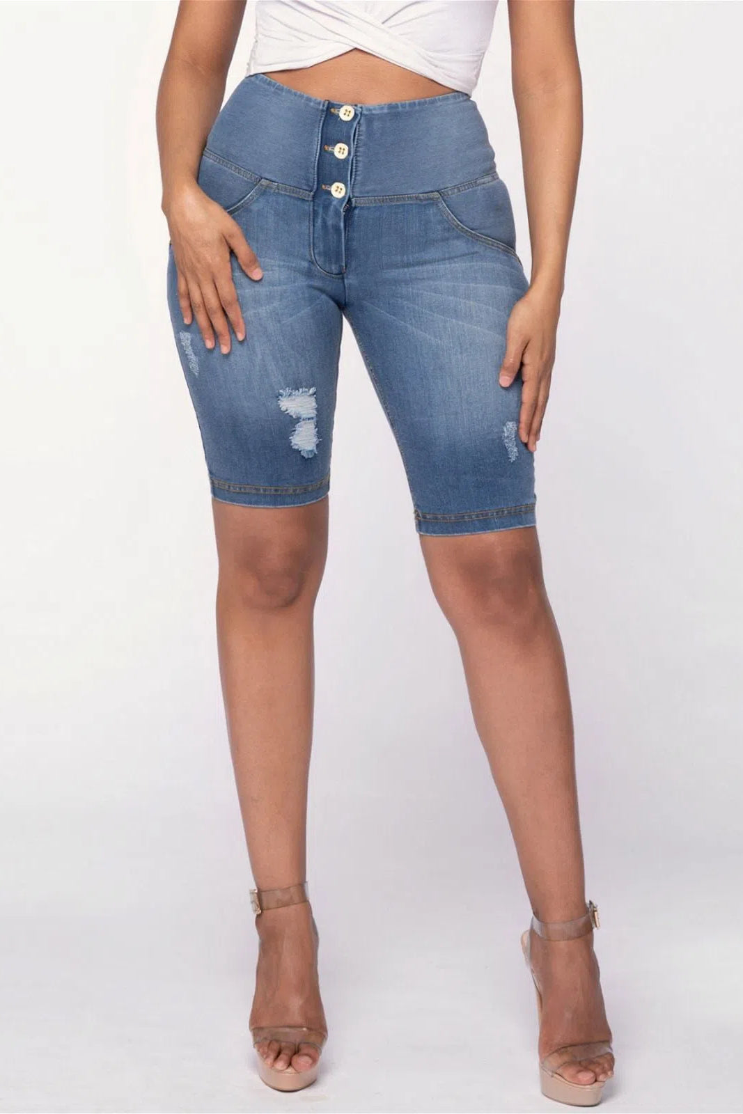 WRUP Distressed Denim - High Waisted - Biker Shorts - Light Blue + Yellow Stitching 2