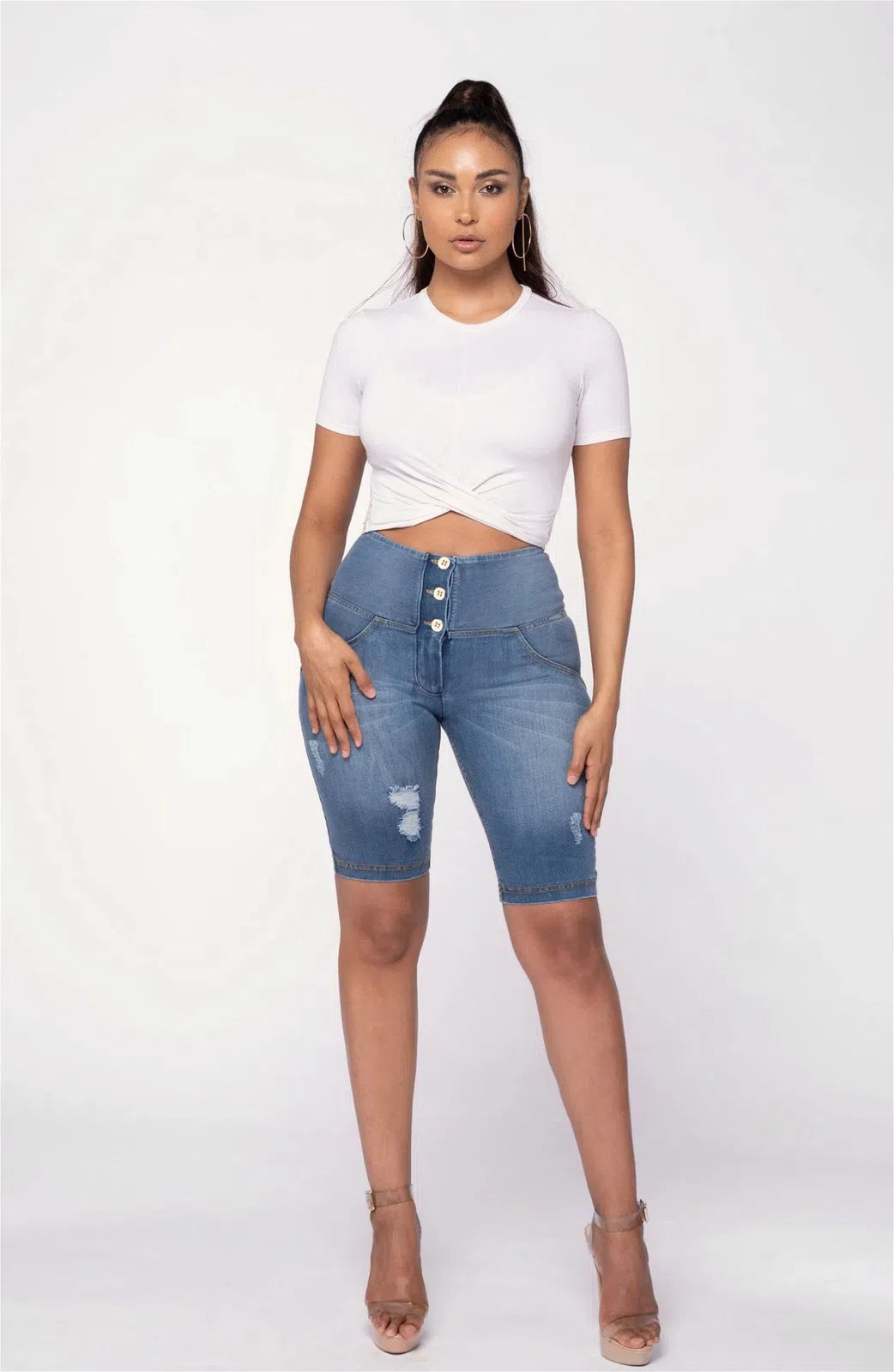WRUP Distressed Denim - High Waisted - Biker Shorts - Light Blue + Yellow Stitching 1