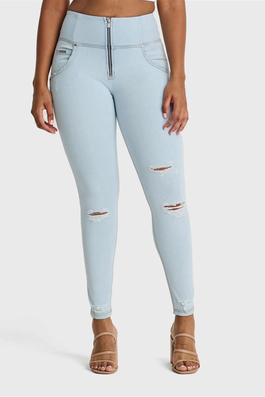 WRUP SNUG Distressed Jeans - High Waisted - Full Length - Baby Blue + Yellow Stitching 2