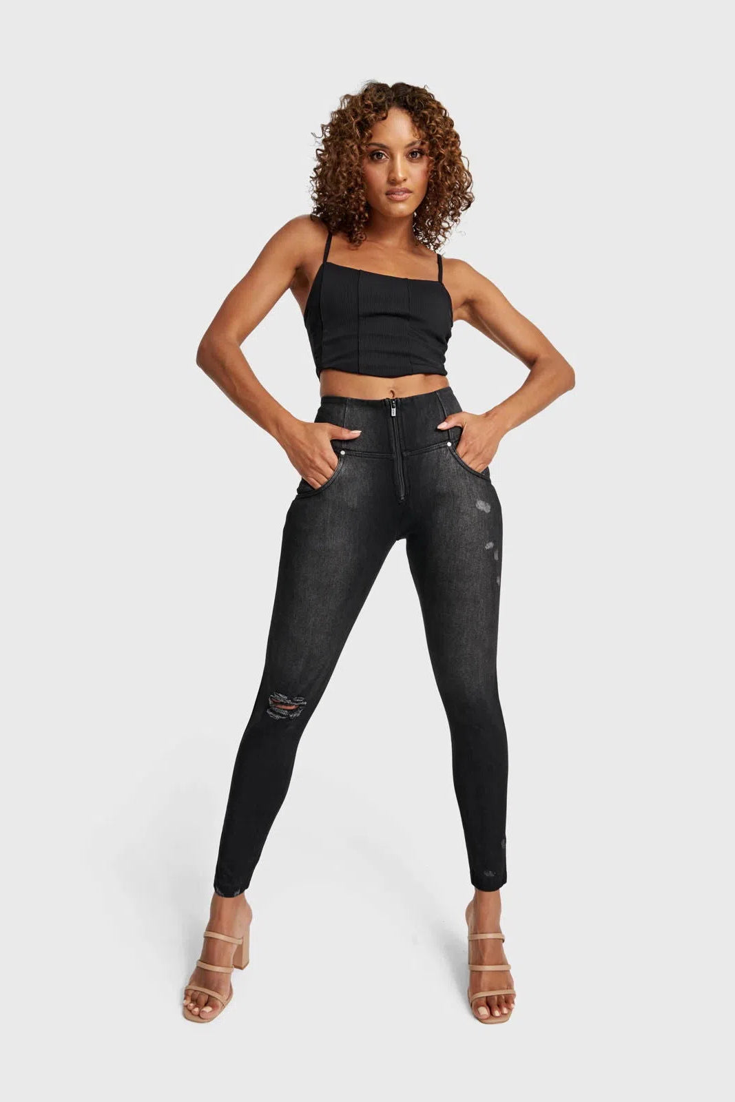 WRUP SNUG Distressed Jeans - High Waisted - Full Length - Black + Black Stitching 3