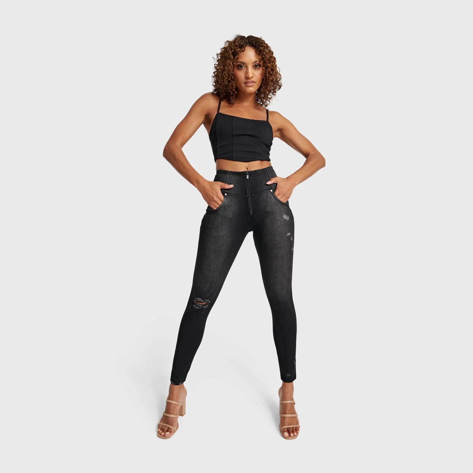 WRUP SNUG Distressed Jeans - High Waisted - Full Length - Black + Black Stitching 3