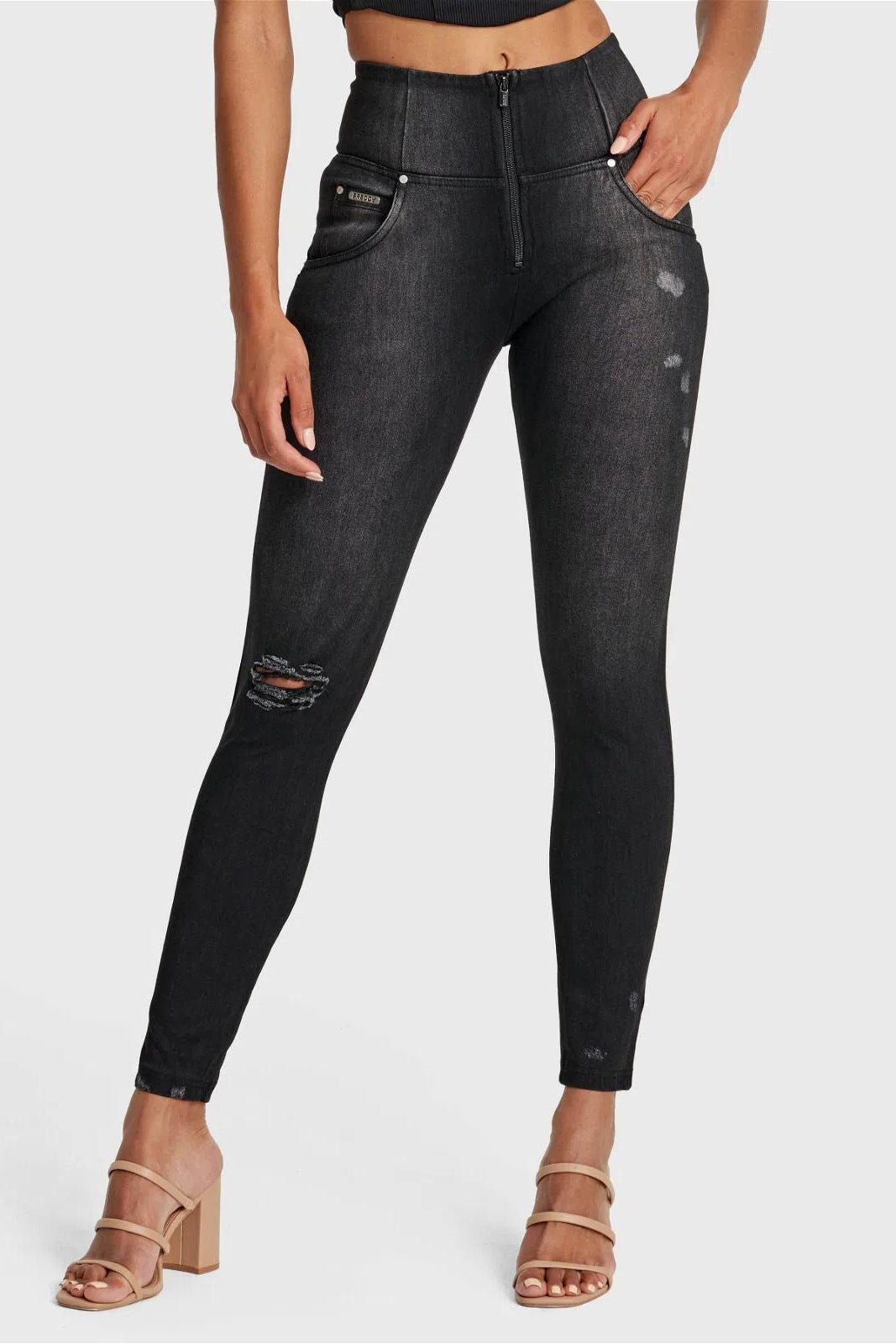 WRUP SNUG Distressed Jeans - High Waisted - Full Length - Black + Black Stitching 1