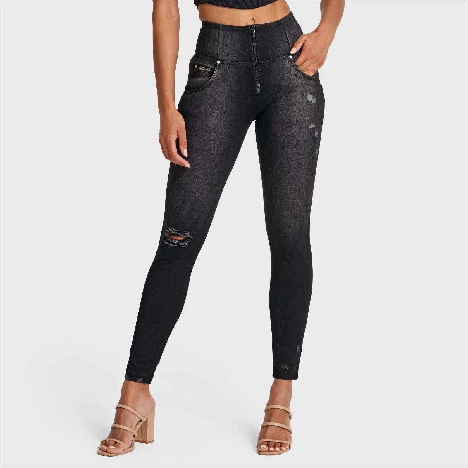 WRUP SNUG Distressed Jeans - High Waisted - Full Length - Black + Black Stitching 1
