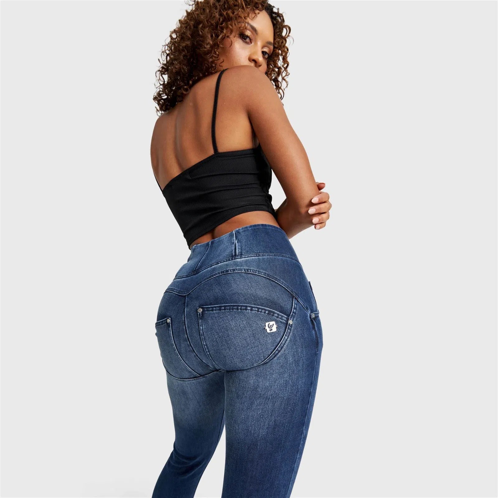 WRUP SNUG Distressed Jeans - High Waisted - Full Length - Dark Blue + Blue Stitching 2