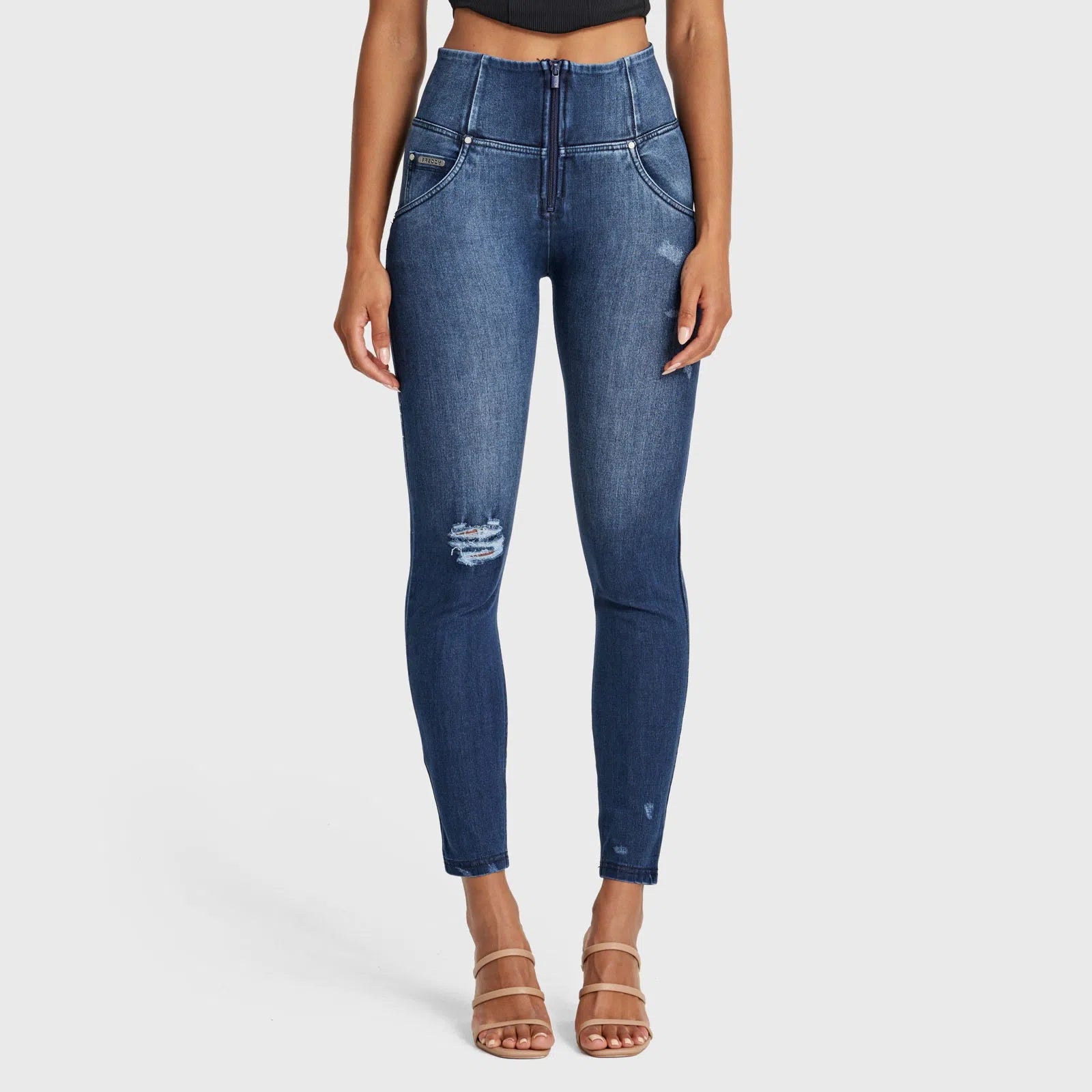 WRUP SNUG Distressed Jeans - High Waisted - Full Length - Dark Blue + Blue Stitching 1