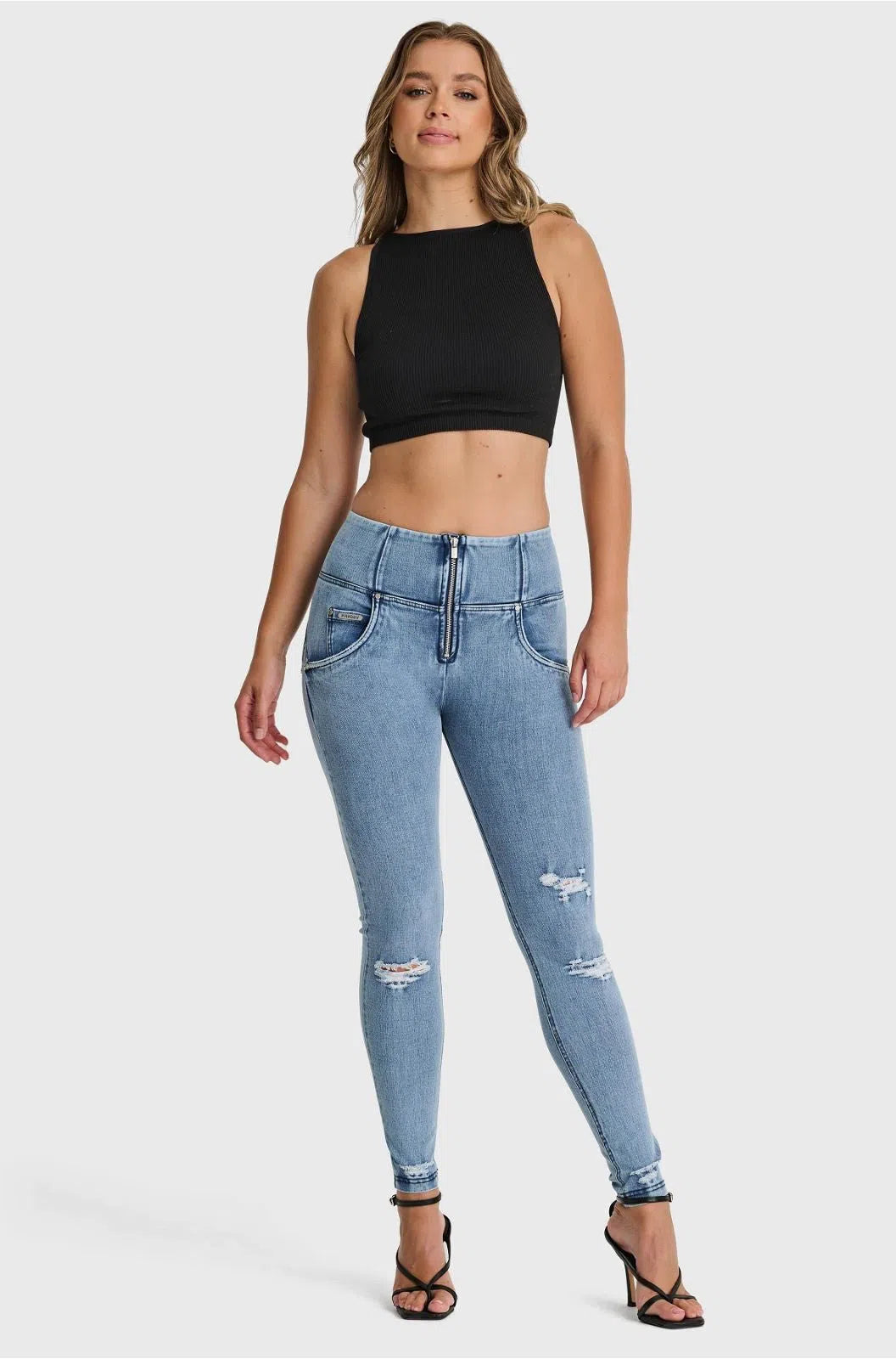 WRUP SNUG Distressed Jeans - High Waisted - Full Length - Light Blue + Blue Stitching