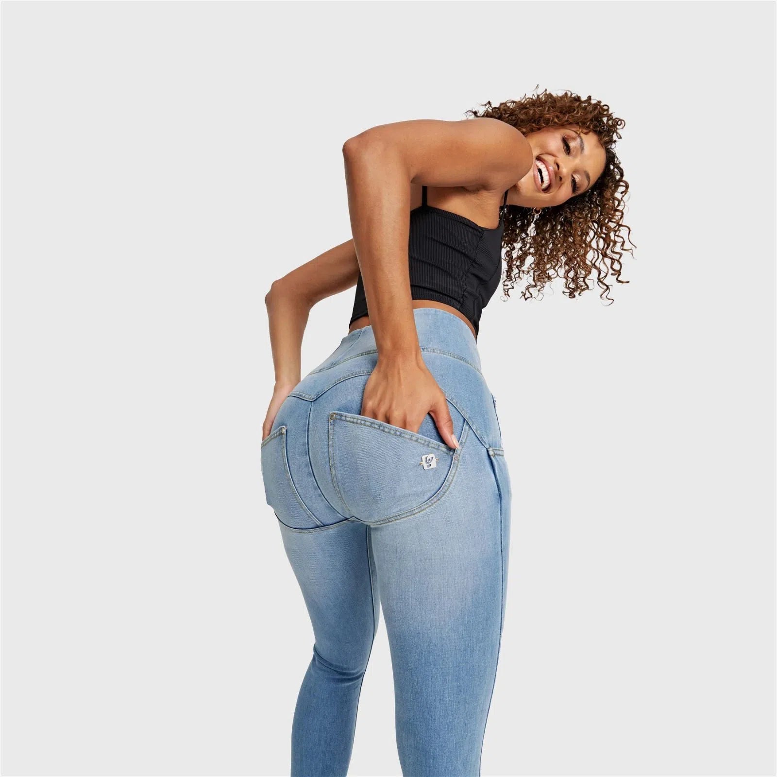 WRUP SNUG Distressed Jeans - High Waisted - Full Length - Light Blue + Yellow Stitching 3