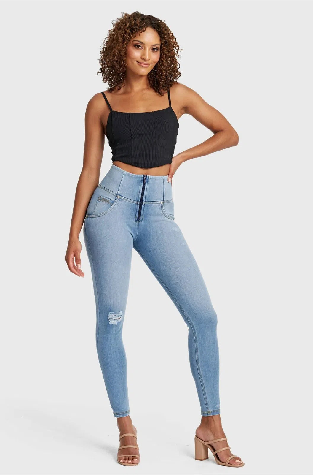 WRUP SNUG Distressed Jeans - High Waisted - Full Length - Light Blue + Yellow Stitching