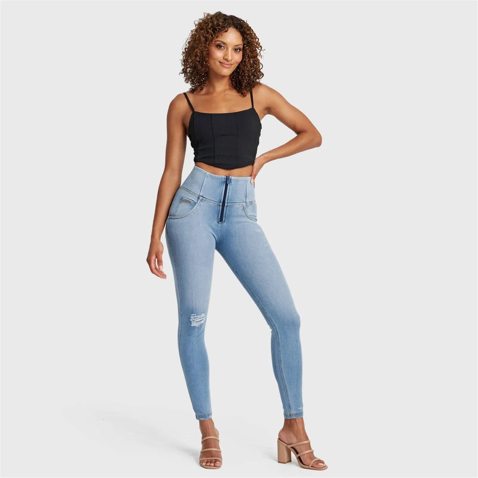 WRUP SNUG Distressed Jeans - High Waisted - Full Length - Light Blue + Yellow Stitching 2