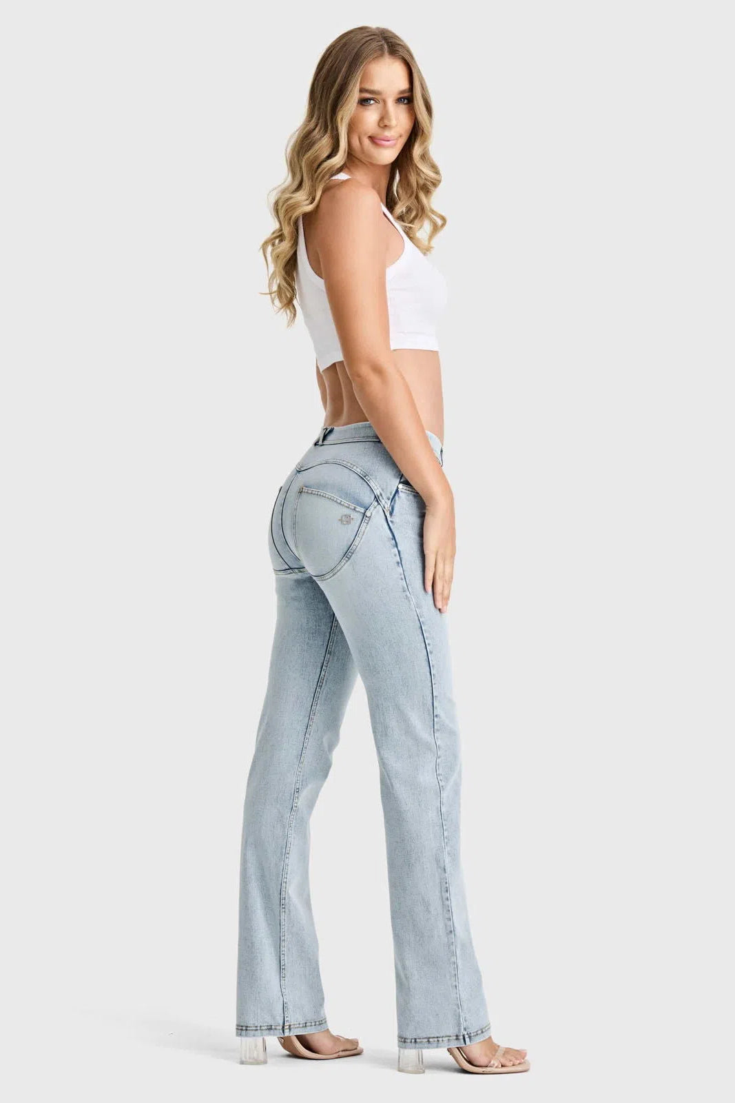 WRUP SNUG Jeans - 2 Button High Waisted - Bootcut - Light Blue + Yellow Stitching 3