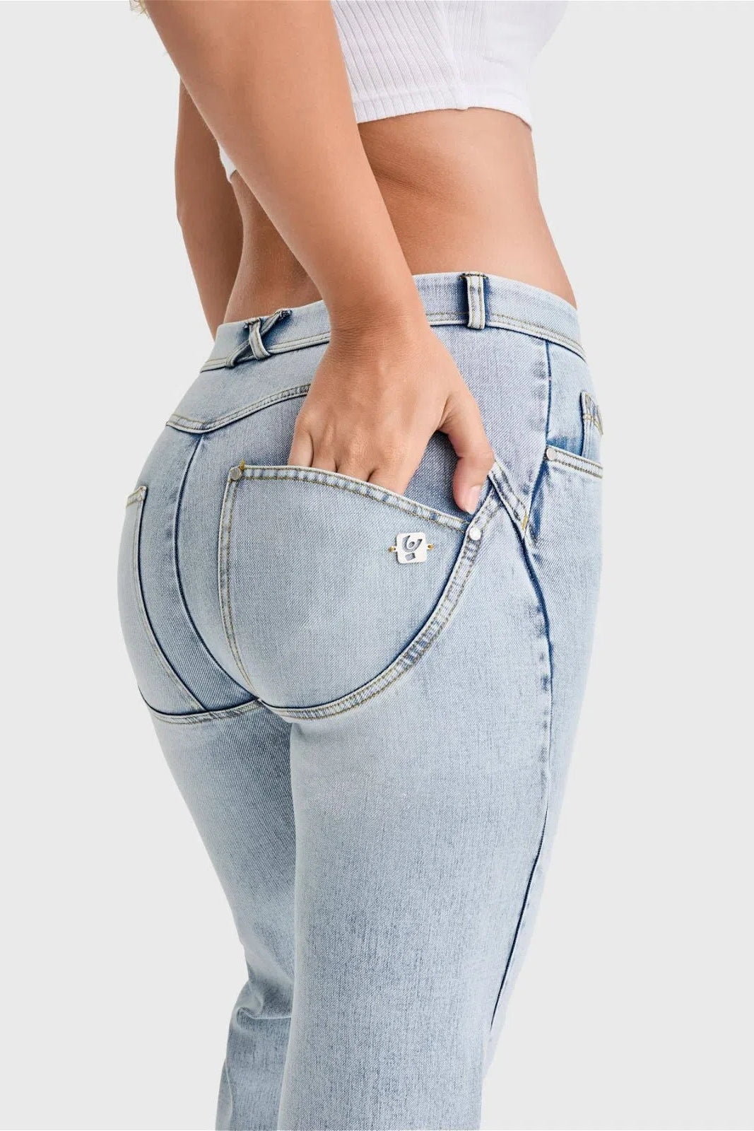 WRUP SNUG Jeans - 2 Button High Waisted - Bootcut - Light Blue + Yellow Stitching 2