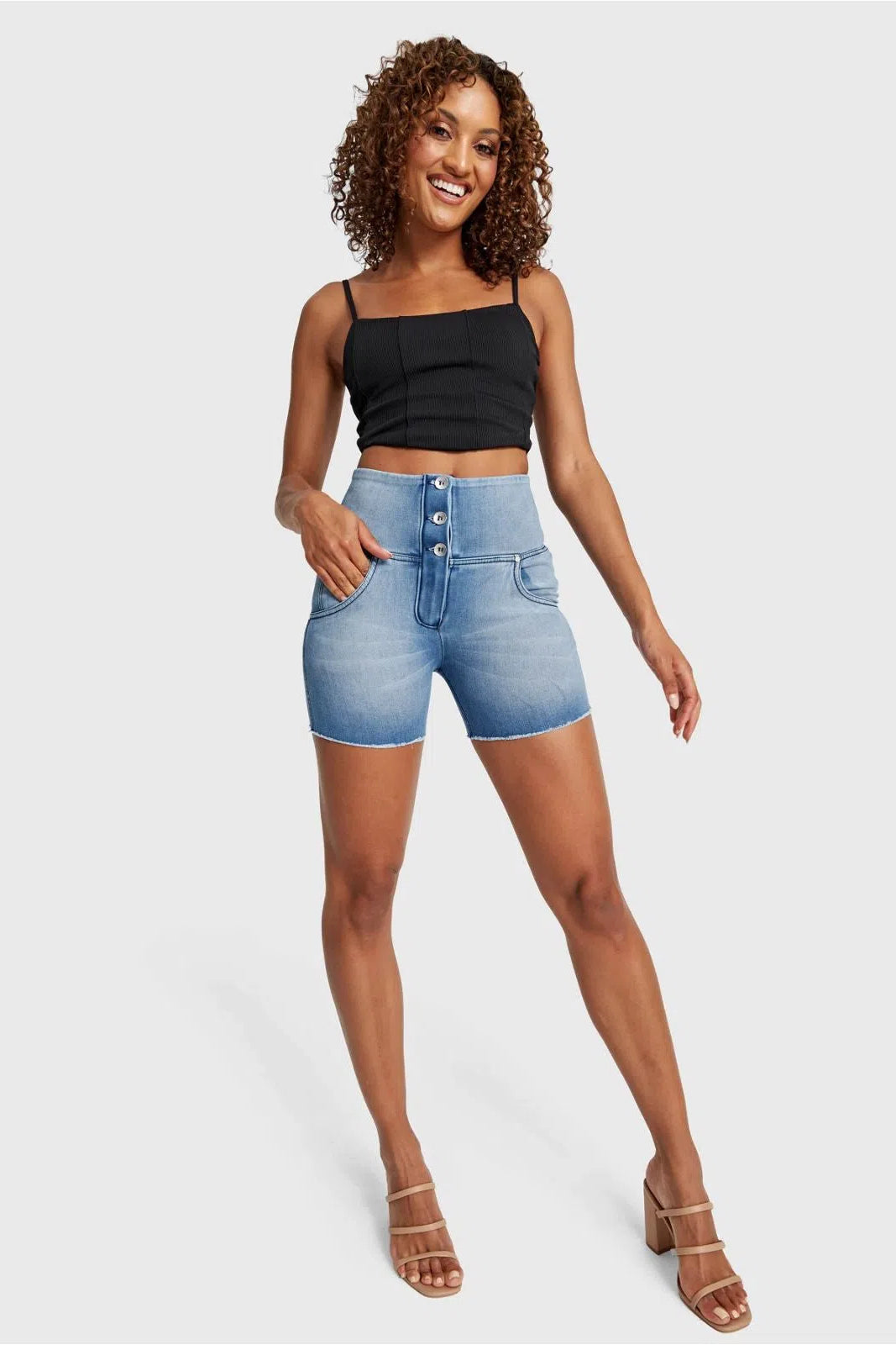 WRUP SNUG Jeans - 3 Button High Waisted - Shorts - Light Blue + Blue Stitching 3