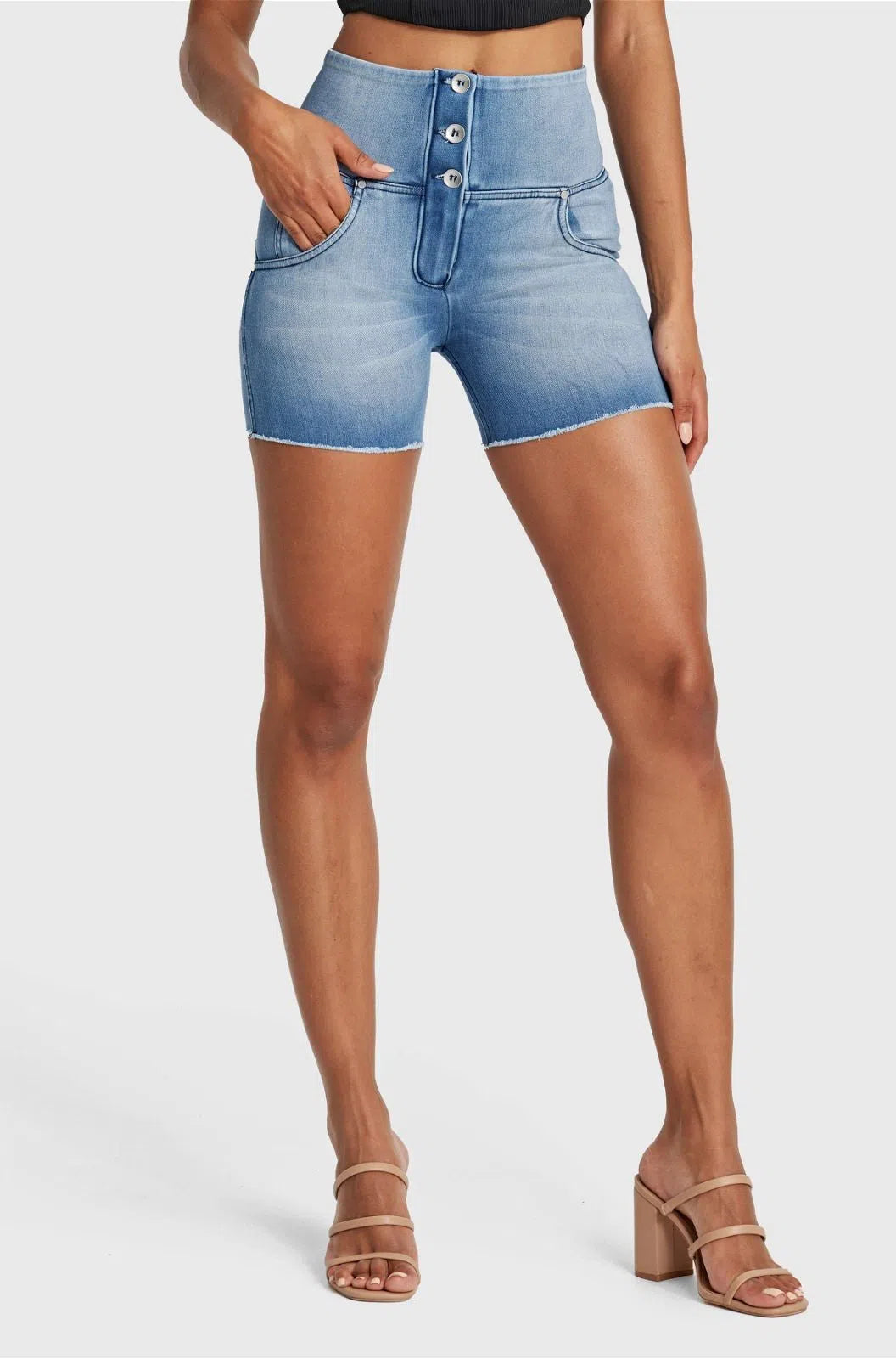 WRUP SNUG Jeans - 3 Button High Waisted - Shorts - Light Blue + Blue Stitching