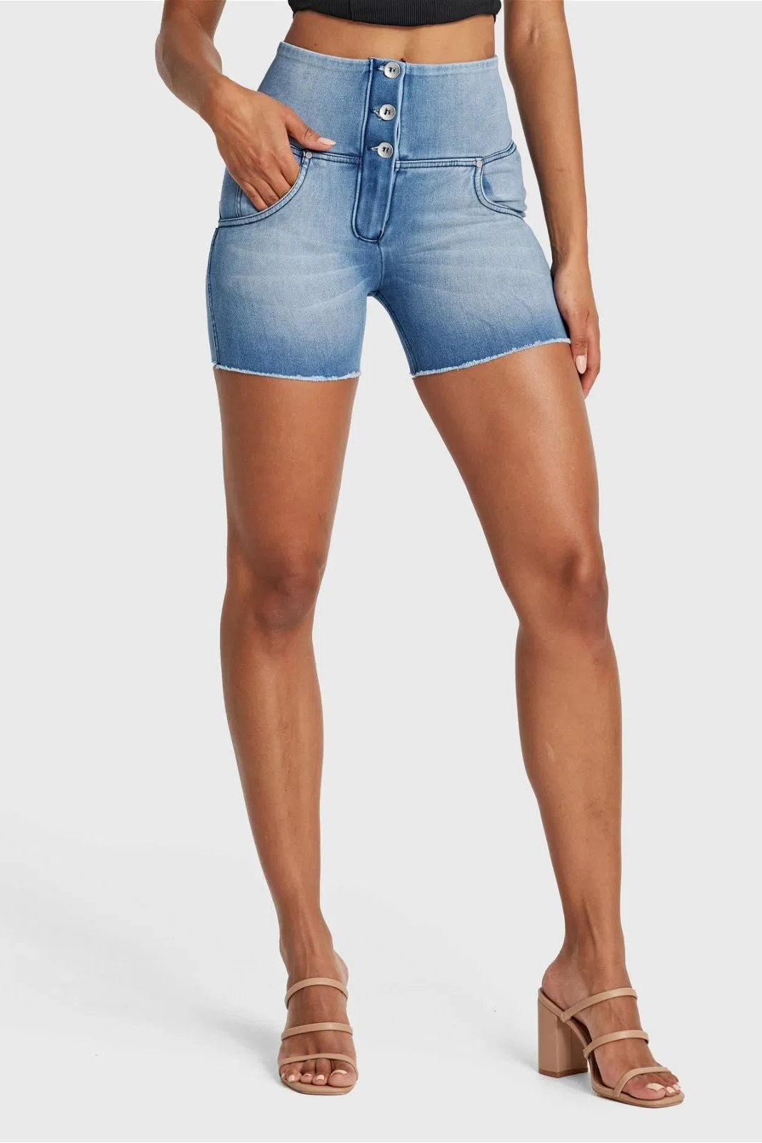 WRUP SNUG Jeans - 3 Button High Waisted - Shorts - Light Blue + Blue Stitching 1