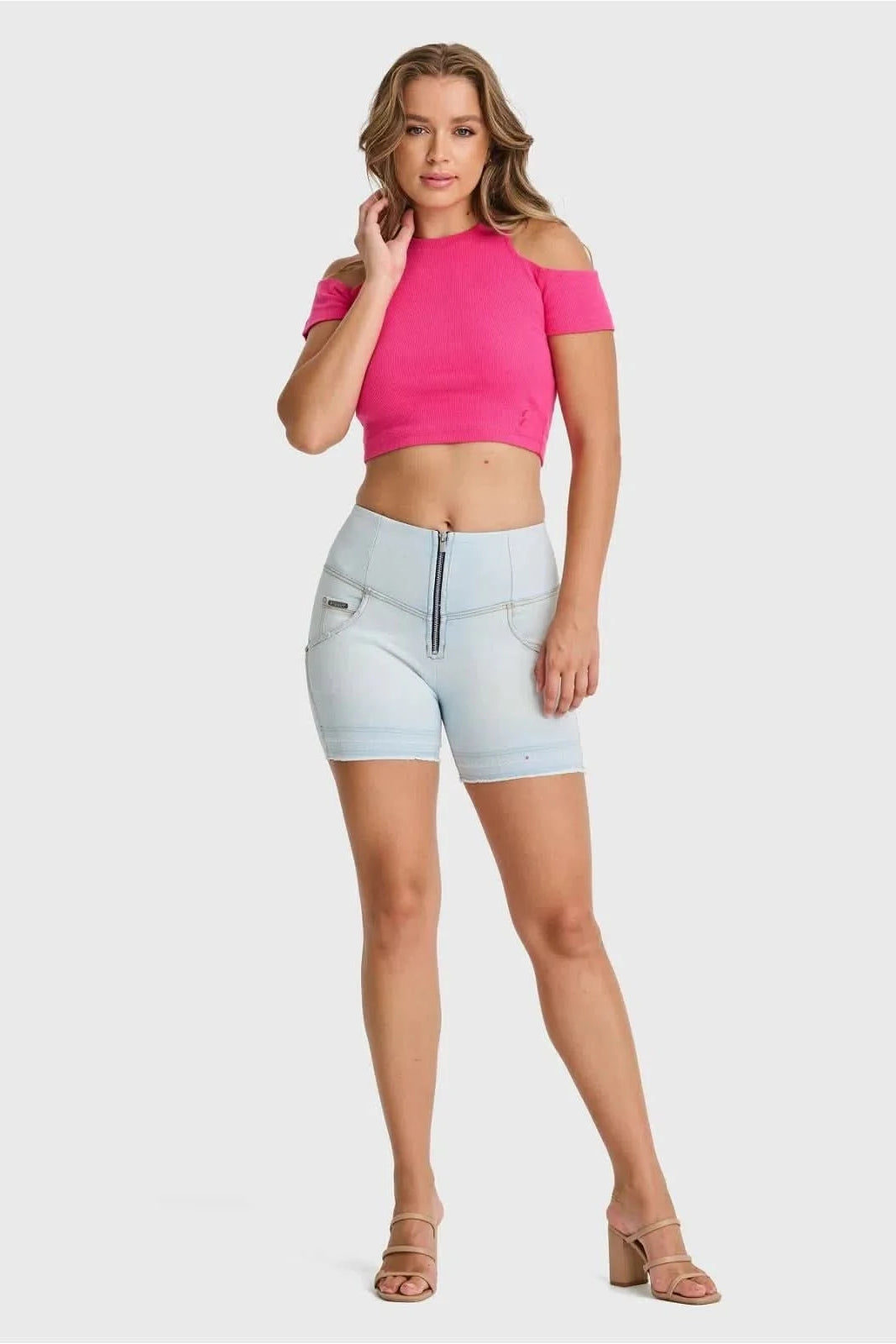 WRUP SNUG Jeans - High Waisted - Shorts - Baby Blue + Yellow Stitching 3