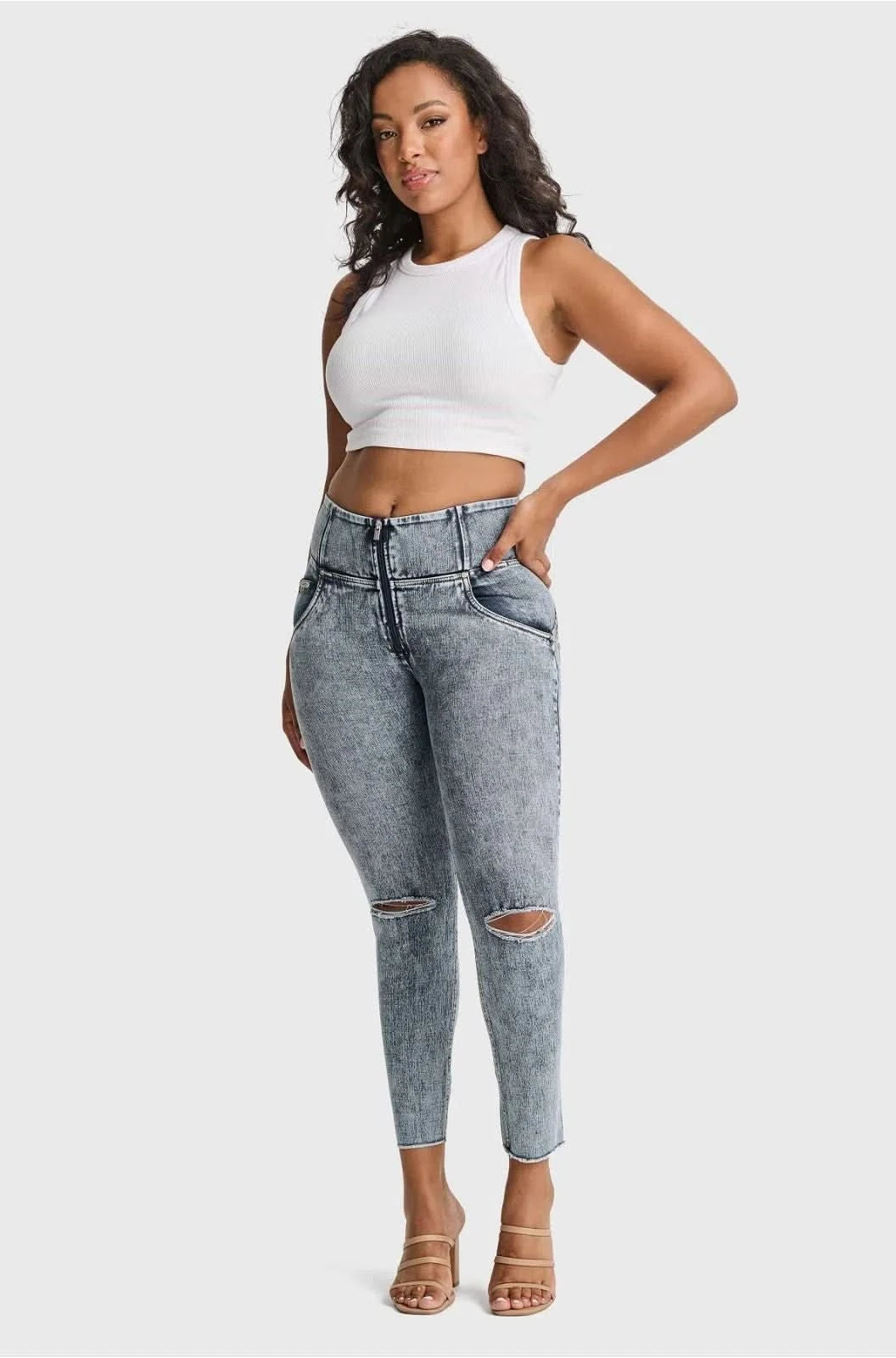 WRUP SNUG Ripped Jeans - High Waisted - 7/8 Length - Blue Stonewash + Yellow Stitching