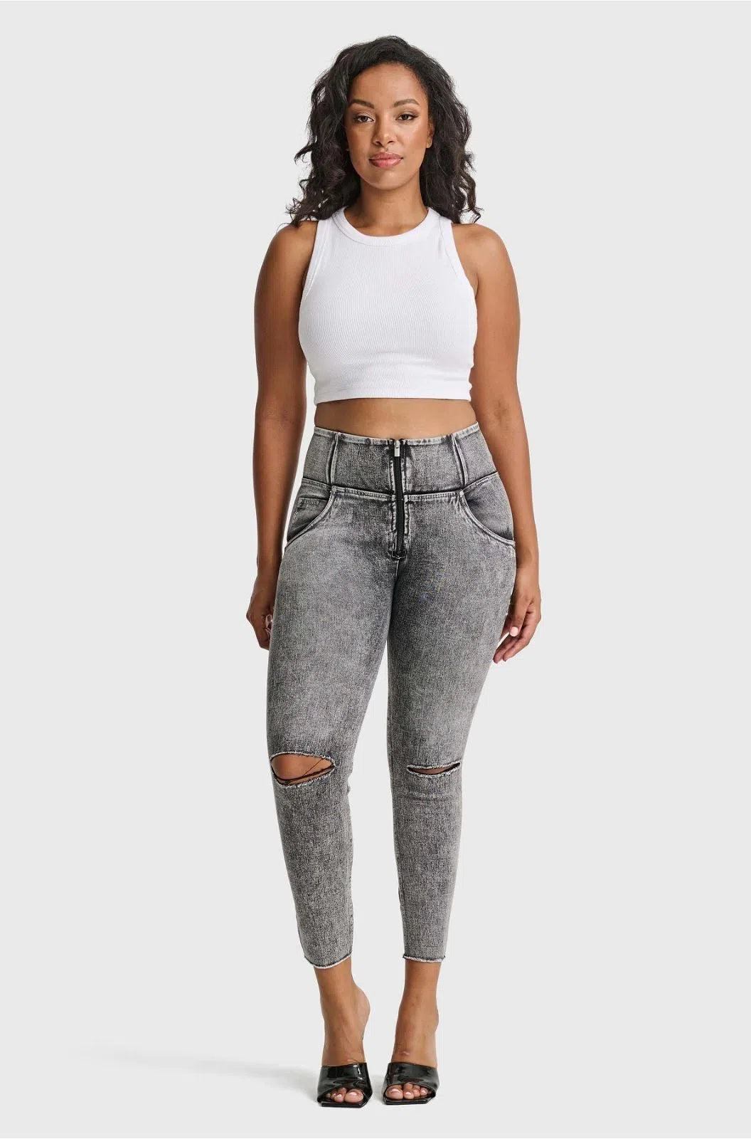 WRUP SNUG Ripped Jeans - High Waisted - 7/8 Length - Grey Stonewash + Grey Stitching