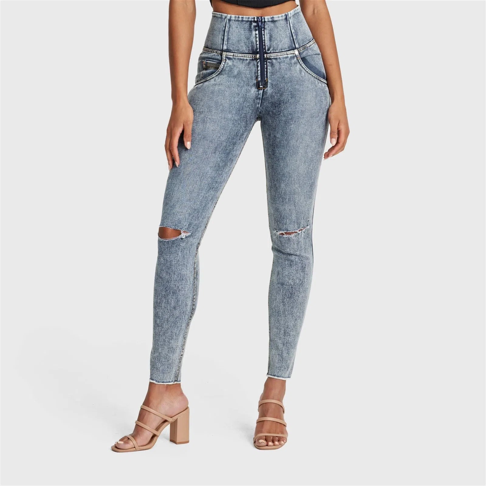 WRUP SNUG Ripped Jeans - High Waisted - Full Length - Blue Stonewash + Yellow Stitching 2
