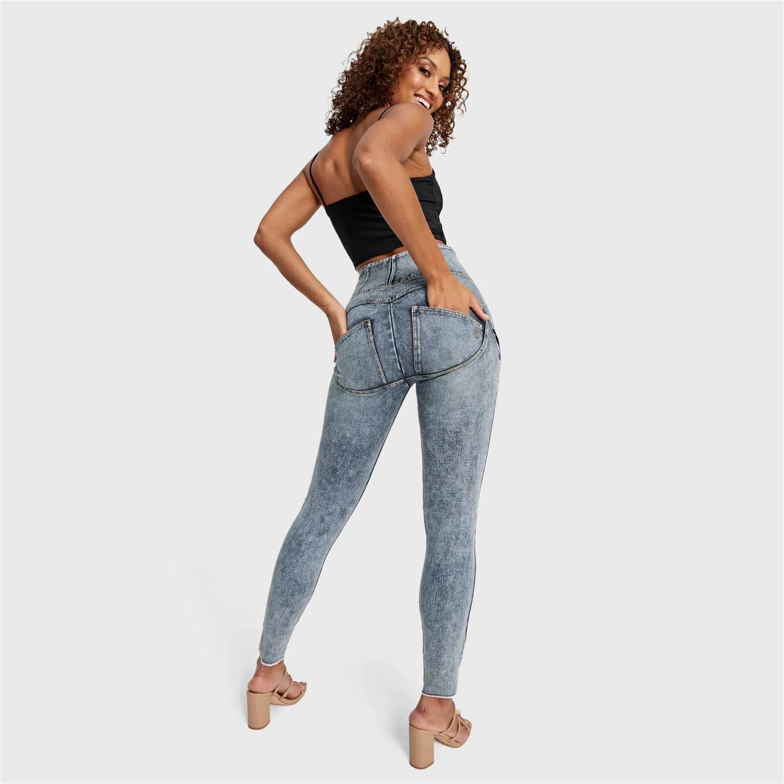 WRUP SNUG Ripped Jeans - High Waisted - Full Length - Blue Stonewash + Yellow Stitching 3