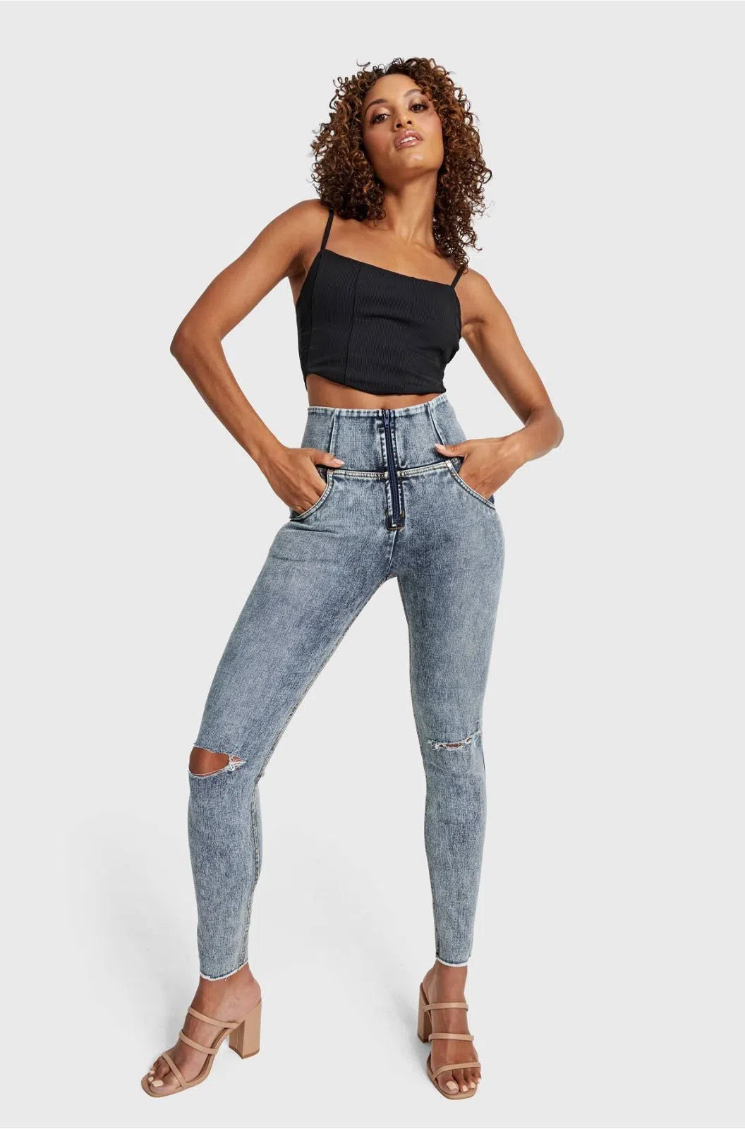 WRUP SNUG Ripped Jeans - High Waisted - Full Length - Blue Stonewash + Yellow Stitching