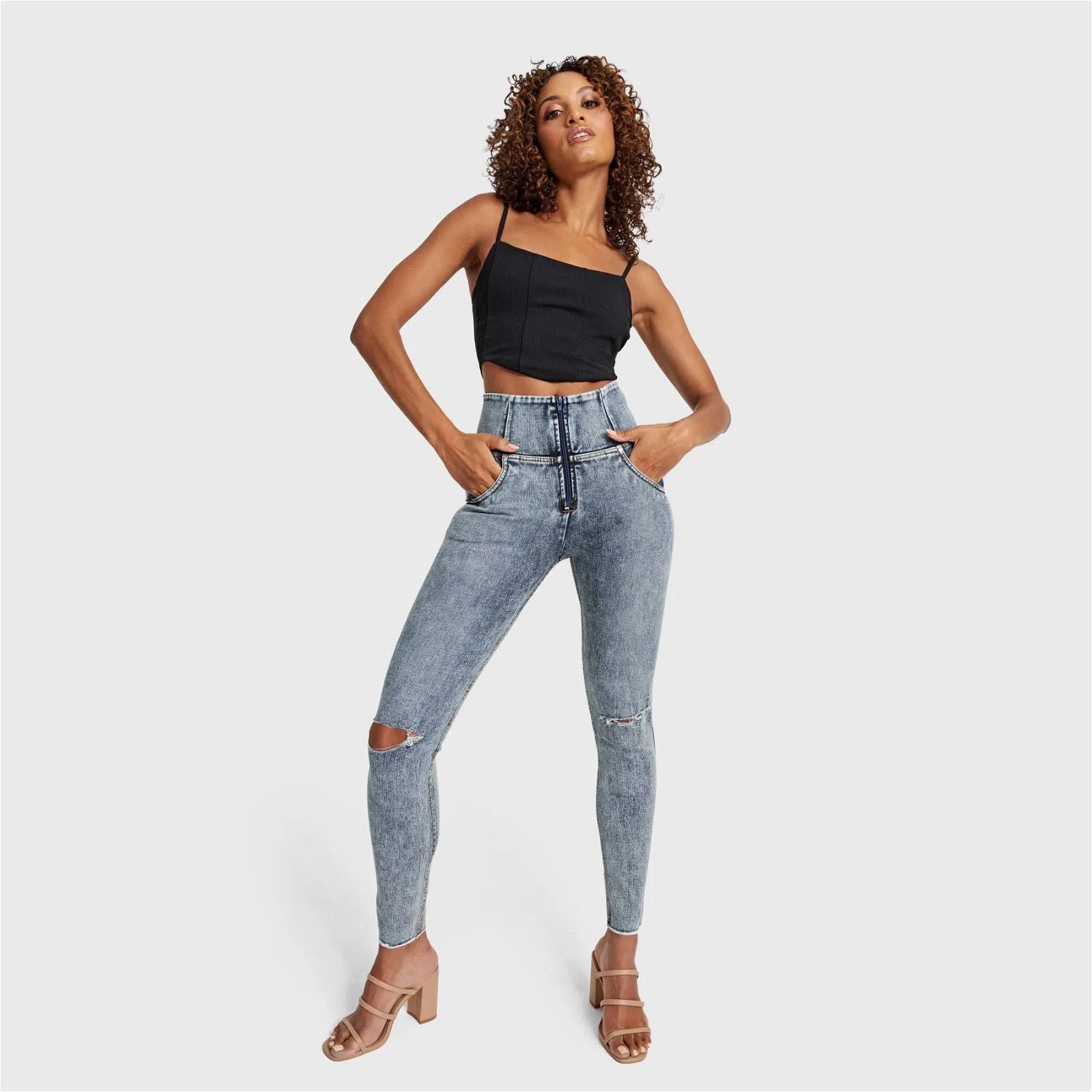 WRUP SNUG Ripped Jeans - High Waisted - Full Length - Blue Stonewash + Yellow Stitching 1