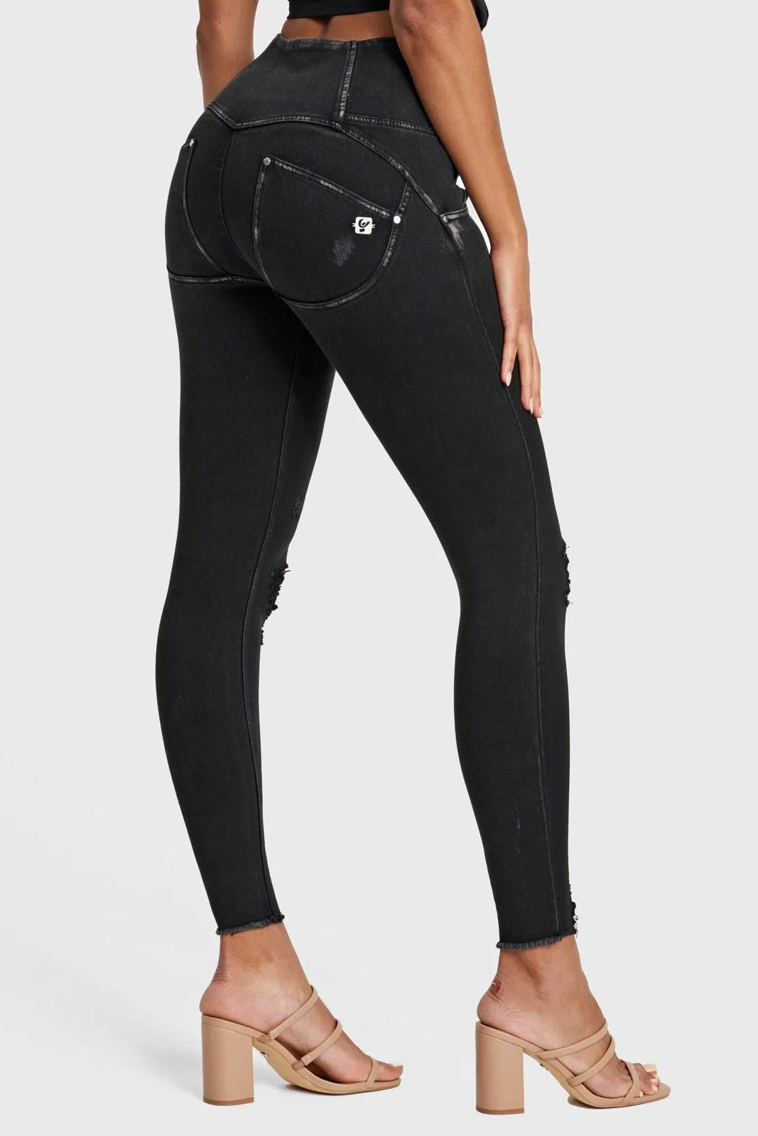 WRUP SNUG Ripped Jeans - High Waisted - Full Length - Coated Black + Black Stitching 2