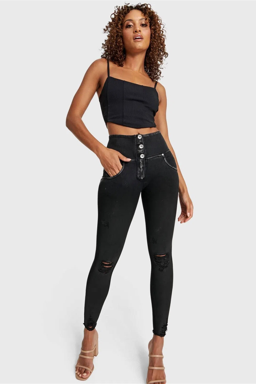 WRUP SNUG Ripped Jeans - High Waisted - Full Length - Coated Black + Black Stitching 3