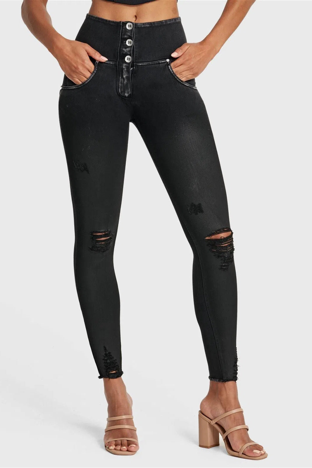WRUP SNUG Ripped Jeans - High Waisted - Full Length - Coated Black + Black Stitching 1