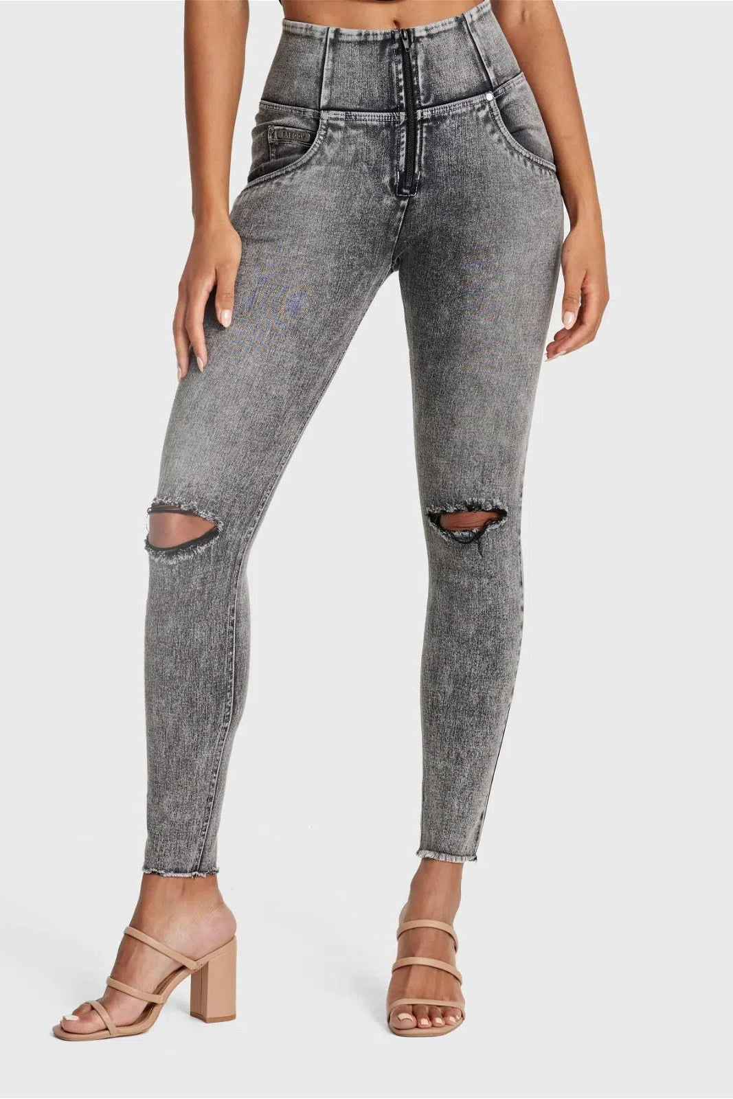 WRUP SNUG Ripped Jeans - High Waisted - Full Length - Grey Stonewash + Grey Stitching 2