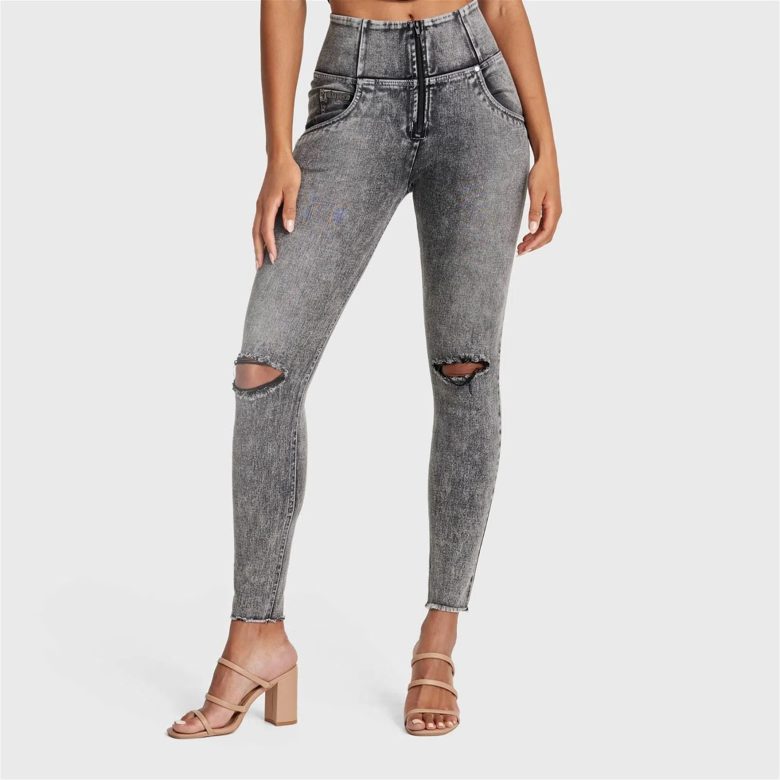 WRUP SNUG Ripped Jeans - High Waisted - Full Length - Grey Stonewash + Grey Stitching 1