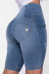 WR.UP® Distressed Denim - High Waisted - Biker Shorts - Light Blue + Yellow Stitching 10