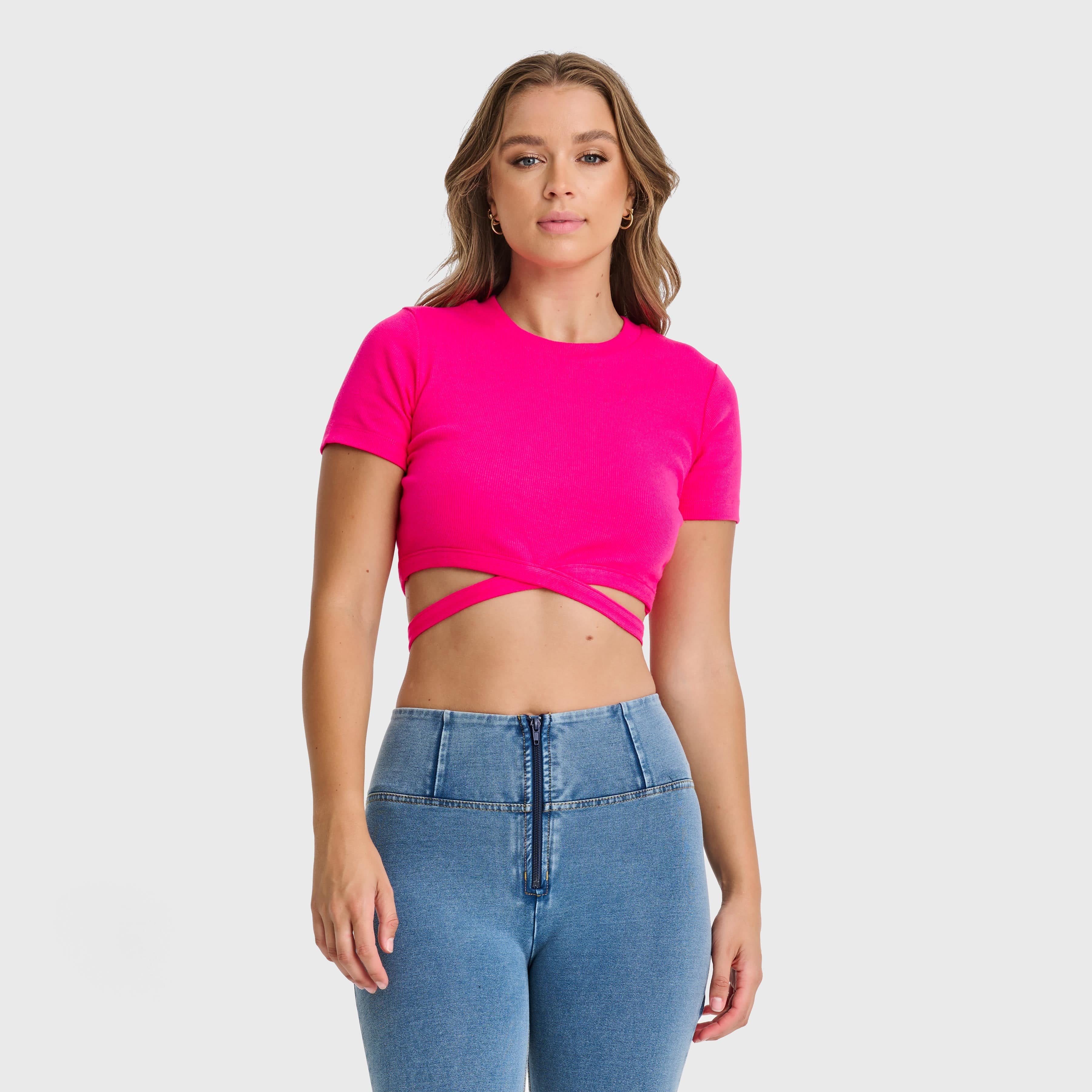 Cropped Wrap Around T Shirt - Pink 1