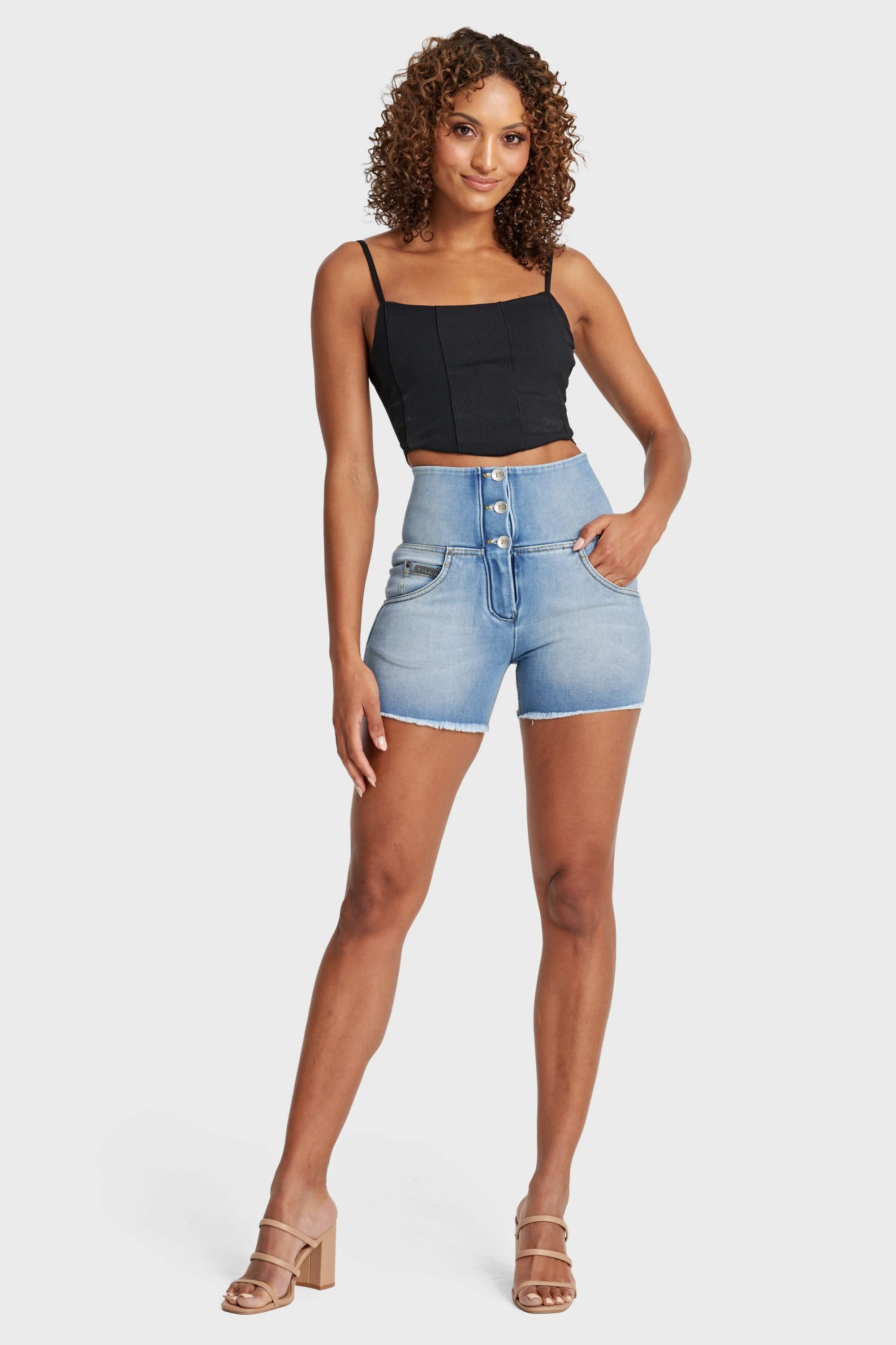 WR.UP® Snug Jeans - 3 Button High Waisted - Shorts - Light Blue + Yellow Stitching 5