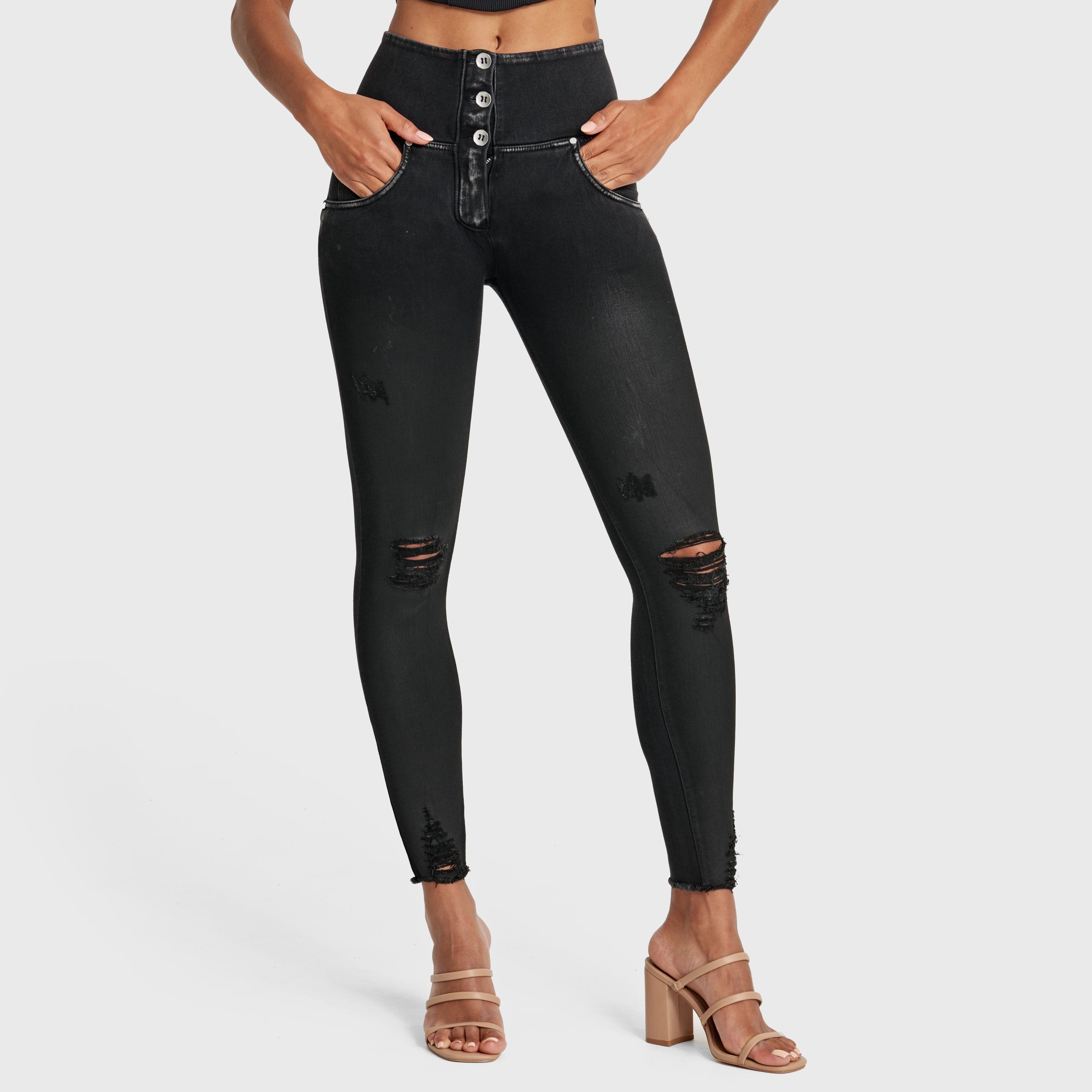 WR.UP® Snug Ripped Jeans - High Waisted - Full Length - Coated Black + Black Stitching 1