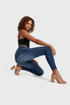 WR.UP® Snug Distressed Jeans - High Waisted - Full Length - Dark Blue + Blue Stitching 5