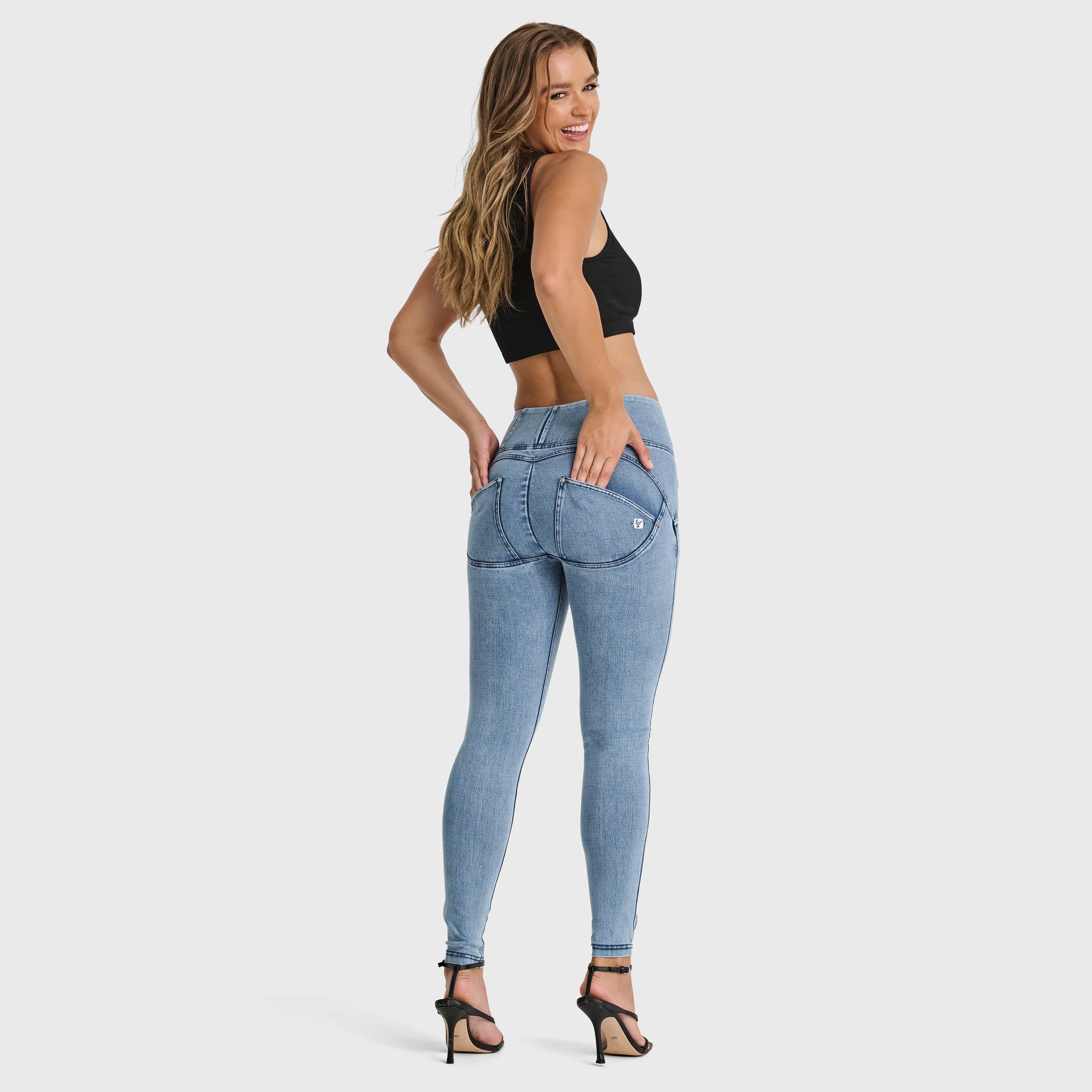 WR.UP® Snug Distressed Jeans - High Waisted - Full Length - Light Blue + Blue Stitching 3