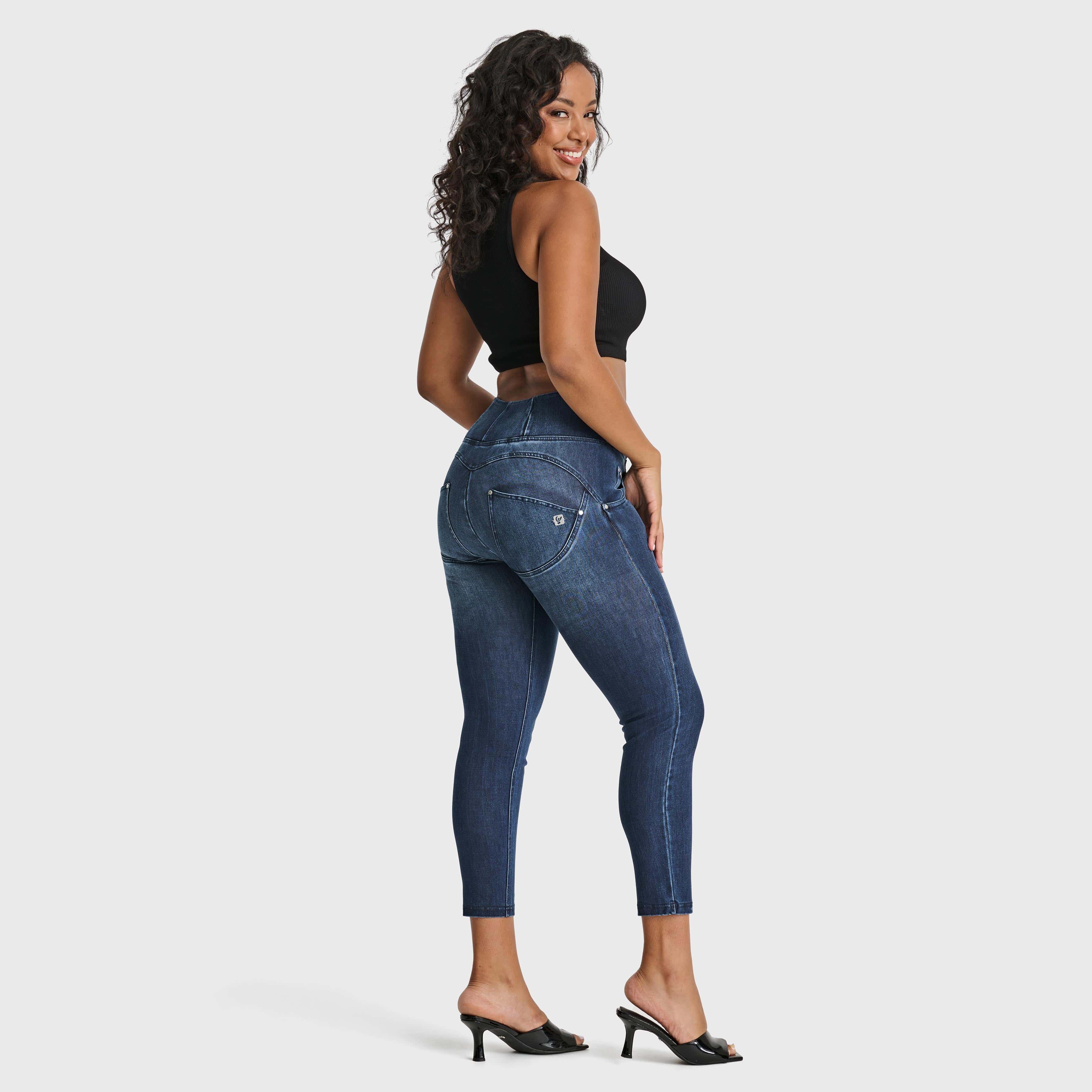 WR.UP® Snug Distressed Jeans - High Waisted - 7/8 Length - Dark Blue + Blue Stitching 3