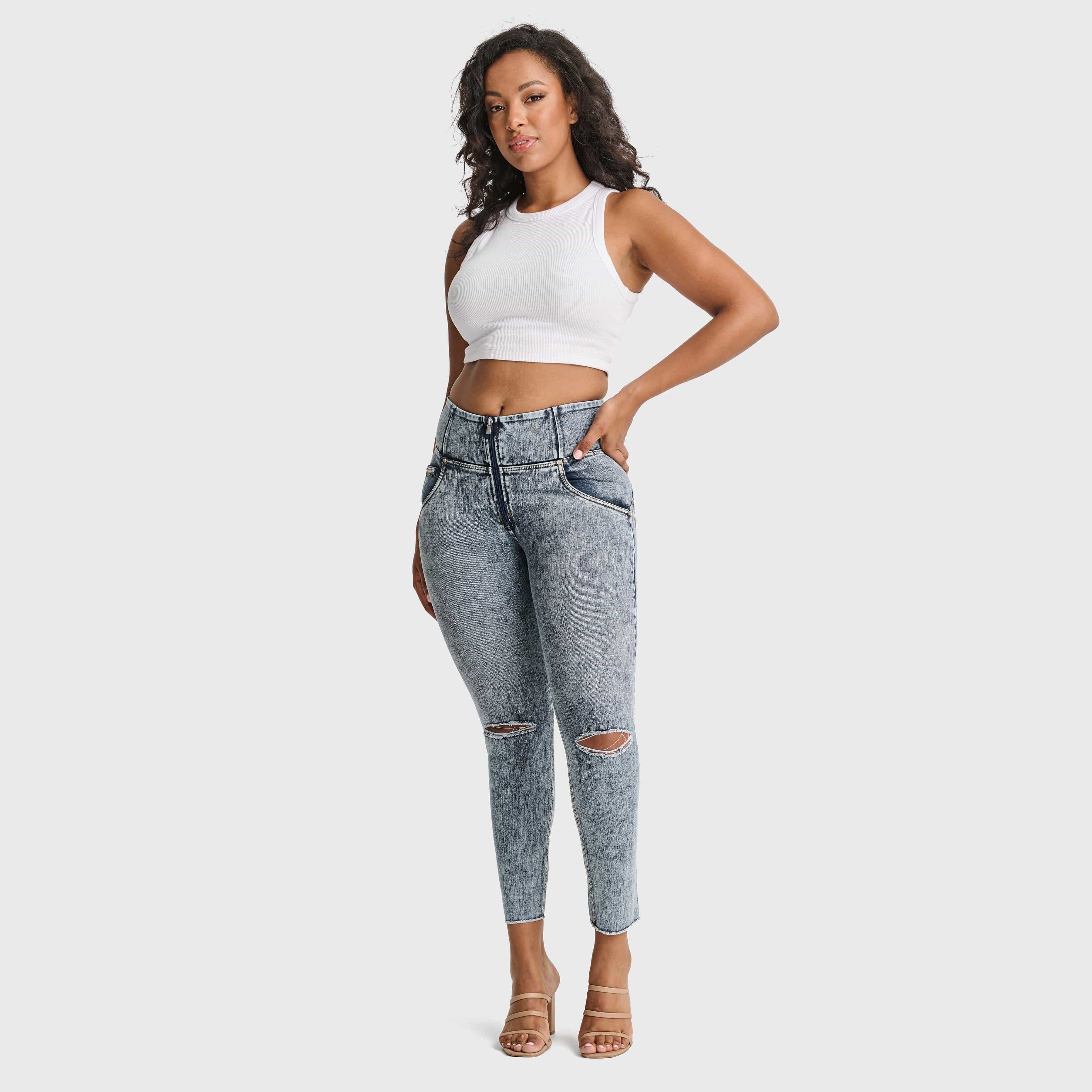 WR.UP® Snug Ripped Jeans - High Waisted - 7/8 Length - Blue Stonewash + Yellow Stitching 1