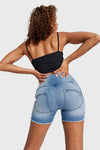 WR.UP® SNUG Jeans - 3 Button High Waisted - Shorts - Light Blue + Blue Stitching 5